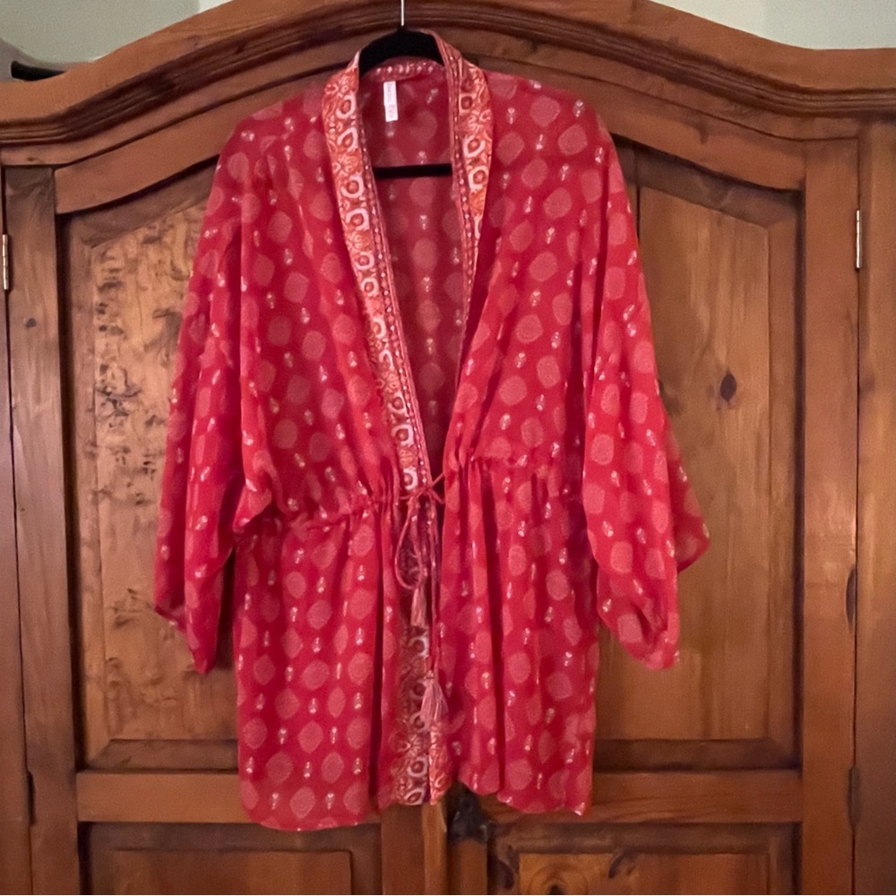Exhilaration Red Multi Patterned Sheer Coverup/Ki… - image 1